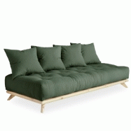 CANAPÉ CONVERTIBLE FUTON SENZA PIN NATUREL COLORIS VERT OLIVE COUCHAGE 90 CM.