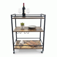 IvoQ Desserte – Chariot de cuisine – Bois & Métal Industriel – 3 Niveaux – Sur Roues avec Frein – 64x40x85 cm - 8721335300192