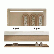 Meuble de bain suspendu 130x55 cm avec double vasque en pierre frittée effet travertin, meuble bas, miroir, sans trous de robinet【RW4822-130 BKK】