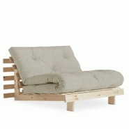 FAUTEUIL CONVERTIBLE FUTON ROOTS PIN NATUREL TISSU LIN COUCHAGE 90 X 200 CM.