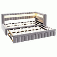 Merax lit rembourré 90x200 cm avec lit gigogne 90x190 cm, banquette, côté haut gauche, LED, USB-C, rangements, velours gris clair - gris multi-mat�