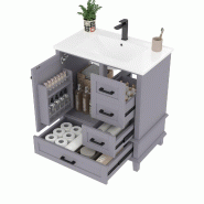 Merax Meuble sous-vasque 76x46x83.5 cm, meuble de salle de bain autoportant avec évier en céramique, étagère de porte, 4 tiroirs, gris - gris mult