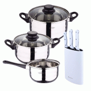 BERGNER - Batterie de cuisine 5 pièces 16/18/20cm en acier inoxydable compatible induction avec ensemble de 3 couteaux en acier inoxydable avec bloc