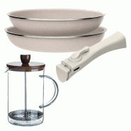 BERGNER - Jeu de 2 Poêles Ø24/28cm en Aluminium Pressé Antiadhésif avec Manche Amovible avec Cafetière à Piston en Verre Borosilicate 15,8×10×