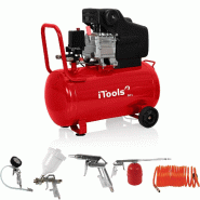 Compresseur d'air 50L à huile 8 bar 115 PSI Silencieux 2CV 1.5KW + Kit 5 accessoires air comprimé ITOOLS - rouge acier 3701599313072