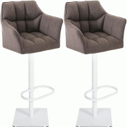Décoshop26 - Lot de 2 tabourets de bar réglable en tissu gris assise enveloppante capitonnée et avec base carrée en métal blanc 10_0006703 - blan
