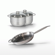 Batterie de cuisine avec 1 poêle de cuisson 32 cm et 2 faitouts 20/24 cm en inox sans PFAS Elo Collection Relief Solution Brillant - gris 31762399412_0