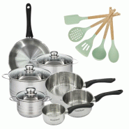 Batterie de cuisine avec 3 faitouts 16/20/24 cm et 3 casseroles 12/16/20 cm avec 1 poêle et 5 ustensiles de cuisine Fackelmann Généva Brillant Ocea