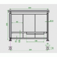 Abri bus reflet / structure en acier / bardage en verre securit / avec banquette / 300 x 157 cm