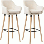 Décoshop26 - Lot de 2 tabourets de bar lounge design scandinave assise en tissu beige pieds en bois repose-pieds en métal 10_0004172 - beige métal