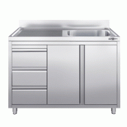 Plonge inox 1 bac à droite et égouttoir sur placard avec 3 tiroirs - 1200 x 600 mm Plonge inox 1 bac à droite et égouttoir sur placard avec 3 tiroirs - 1200 x 600 mm