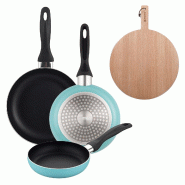 BERGNER - Set de 3 Poêles Ø16/20/24cm en Aluminium Pressé Coloris Bleu Mat avec Planche à Découper Ronde 38x28x1,5cm en Bois de Hêtre - PK9930
