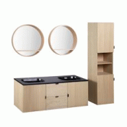 MOB-IN Meuble double vasque 140cm chêne STUDIO suspendu + miroir rond + colonne - beige 3760232703267 MOB-IN Meuble double vasque 140cm chêne STUDIO suspendu + miroir rond + colonne - beige 3760232703267