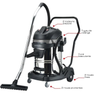 Aspirateur eau et poussière 60L 230V 2400W cuve métallique basculante/2 moteurs - 50007