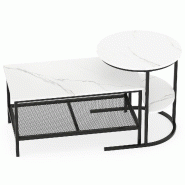 COSTWAY Lot 2 Tables Gigognes, Design Marbre, Cadre Doré, Rectangulaire et Ronde, pour Salon et Chambre - blanc Bois manufacturé VH35316IT