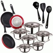 San Ignacio - Batterie de Cuisine Cassel 12 pièces en Acier Inoxydable avec 3 Poêles Navy Red Marble Ø16/20/24 cm et Set de 3 Ustensiles de Cuisine