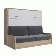 ARMOIRE LIT TRANSVERSALE BORA SOFA AVEC CANAPÉ INTÉGRÉ COUCHAGE 140CM STRUCTURE MÉLAMINÉ CHÊNE FACADE BLANC