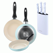 BERGNER - Set de 3 Poêles Ø16/Ø20/Ø24 cm en Aluminium Pressé Bleu Ciel avec Set de 3 Couteaux avec Bloc en Acier Inoxydable - PK9397
