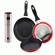 BERGNER - Ensemble de 3 poêles avec revêtement effet marbre Ø16/Ø20/Ø24 cm avec pulvérisateur d’huile/vinaigre Ø4 × 17,5 cm en acier inoxyda