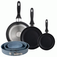 BERGNER - Set de 3 poêles 16/20/24 en aluminium pressé couleur Noir avec jeu de 3 moules de four ronds Ø12/18/22cm - PK9945