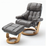 FAUTEUIL RELAX CLAIRAC XL ASSISE EN CUIR MARRON PIED EN BOIS NATUREL AVEC REPOSE PIED