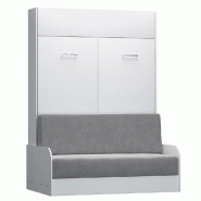 ARMOIRE LIT ESCAMOTABLE DYNAMO SOFA CANAPÉ ACCOUDOIRS BLANC MAT ET MICROFIBRE GRIS COUCHAGE 140*200 CM