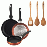 BERGNER - Set de 3 Poêles Ø16/20/24 cm en Aluminium Embouti Cuivre Métallisé avec Set de 3 Ustensiles de Cuisine 32,8x33x7x1,4 cm Xmart - PK9898