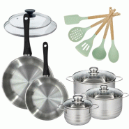 Lot de Poêles 24/28 cm avec couvercles et 3 faitouts 16/20/24 cm Fackelmann Généva avec 5 ustensiles Océan - 3176239920260 Lot de Poêles 24/28 cm avec couvercles et 3 faitouts 16/20/24 cm Fackelmann Généva avec 5 ustensiles Océan - 3176239920260