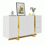 Merax Buffet 140 x 36 x 75 cm avec 3 portes, 3 tiroirs, façade à rainures verticales et garniture dorée, blanc - blanc Bois manufacturé GL1412W