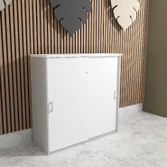 Armoire mi-haute à portes coulissantes - Mobel Linea - 120, Blanc pastel, Gris aluminium_0