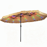 COSTWAY Parasol double LED solaire 450x260cm, PE-paille Hawaï, 12 modes, 2 charges, manivelle, jardin. - marron métal ZB35665NZ-O