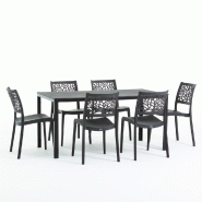 RATTATAN Ensemble repas de jardin avec table rectangulaire à structure en acier et 6 chaises monobloc en résine empilables – Thomas + Flora / Noir
