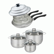 Set de 3 poêles 20 24 et 28 cm en inox et couvercles, 3 faitouts inox 16, 20 et 24 cm Fackelmann Geneva - gris inox 3176239935554