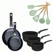 Batterie de cuisine avec 2 poêles 20/24 cm et 3 casseroles 16/18/20 cm et 5 ustensiles de cuisine Fackelmann Brandao Océan - noir aluminium 31762399
