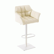 Décoshop26 - Tabouret de bar chaise haute de comptoir couture carrées assise en PVC crème cadre carré en métal blanc 10_0004737 - beige métal 30