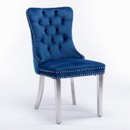 Merax Lot de 2 chaises rembourrées , chaise de salle à manger en velours, velours bleu + pieds en métal argenté, avec surpiqûres de boutons et ri