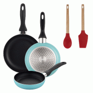 BERGNER - Set de 3 Poêles Ø16/20/24cm en Aluminium Pressé Bleu Mat avec Jeu de 2 Ustensiles de Cuisine EXCALIBUR - PK9933