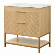 Merax Meuble sous-vasque 81 x 47 x 84 cm avec vasque en céramique, 2 tiroirs, rangement ouvert et structure en métal, aspect bois naturel - multi-ma_0