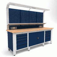 Établi d'atelier industriel 2500 mm PRACO W T31 - Plateau en hêtre massif - Éclairage LED - Tiroirs et armoire MW Tools PRAW2500T31
