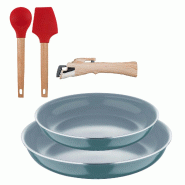 BERGNER - Ensemble 2 poêles Ø22/26cm aluminium embouti vert compatible induction avec poignée amovible et Ensemble 2 ustensiles de cuisine EXCALIBU