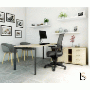 Bureau de direction Star avec crédence - Mobel Linea - Blanc 9010, Acacia clair, Droite