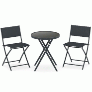 COSTWAY Set bistro, table avec 2 chaises pliantes, 3 pièces, pour petit balcon - noir métal ZB34714