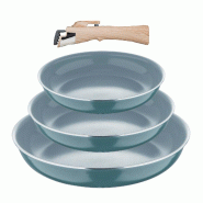 BERGNER Click&Cook - Ensemble de 3 poêles Ø18/Ø20/Ø24 cm en aluminium embouti recyclé vert avec poignée amovible - Q4956
