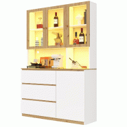 Merax Colonne de cuisine LED 120 x 40 x 200 cm, vitrine avec plan de travail, tiroirs et façade vitrée, blanc/chêne - multicolore multi-matériau N