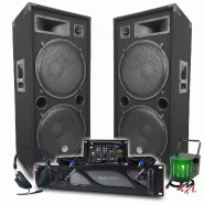 Pack Sono DJ BM SONIC Ampli 4000W, Paire d'Enceintes LSC215 2x2000W, Table de Mixage, Jeu de lumière, Casque DJ, Câbles, Micro - 3666638036797