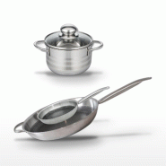 Batterie de cuisine avec 2 poêles 24/32 cm et 1 faitout 14 cm en inox sans PFAS Elo Collection Relief Solution Brillant - gris 3176239940909_0