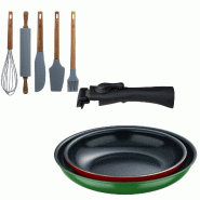 BERGNER - Jeu de 2 poêles Ø22/26 cm en aluminium embouti avec poignée amovible avec jeu de 5 ustensiles de cuisine en silicone et bois d’acacia -