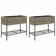 Helloshop26 - Jardinière bac lit surélevé plantes fleurs jardin terrasses avec étagère lot de 2 90 x 40 x 75 cm résine tressée gris 02_0038881