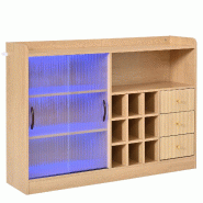 Merax Buffet 120 x 30 x 85 cm avec LED, portes coulissantes en verre, 3 tiroirs, casier à vin et nombreux espaces de, armoire polyvalente aspect bois