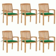 VidaXL Chaises De Jardin Empilables Avec Coussins Lot De 6 Teck Solide - vert 3073230 VidaXL Chaises De Jardin Empilables Avec Coussins Lot De 6 Teck Solide - vert 3073230